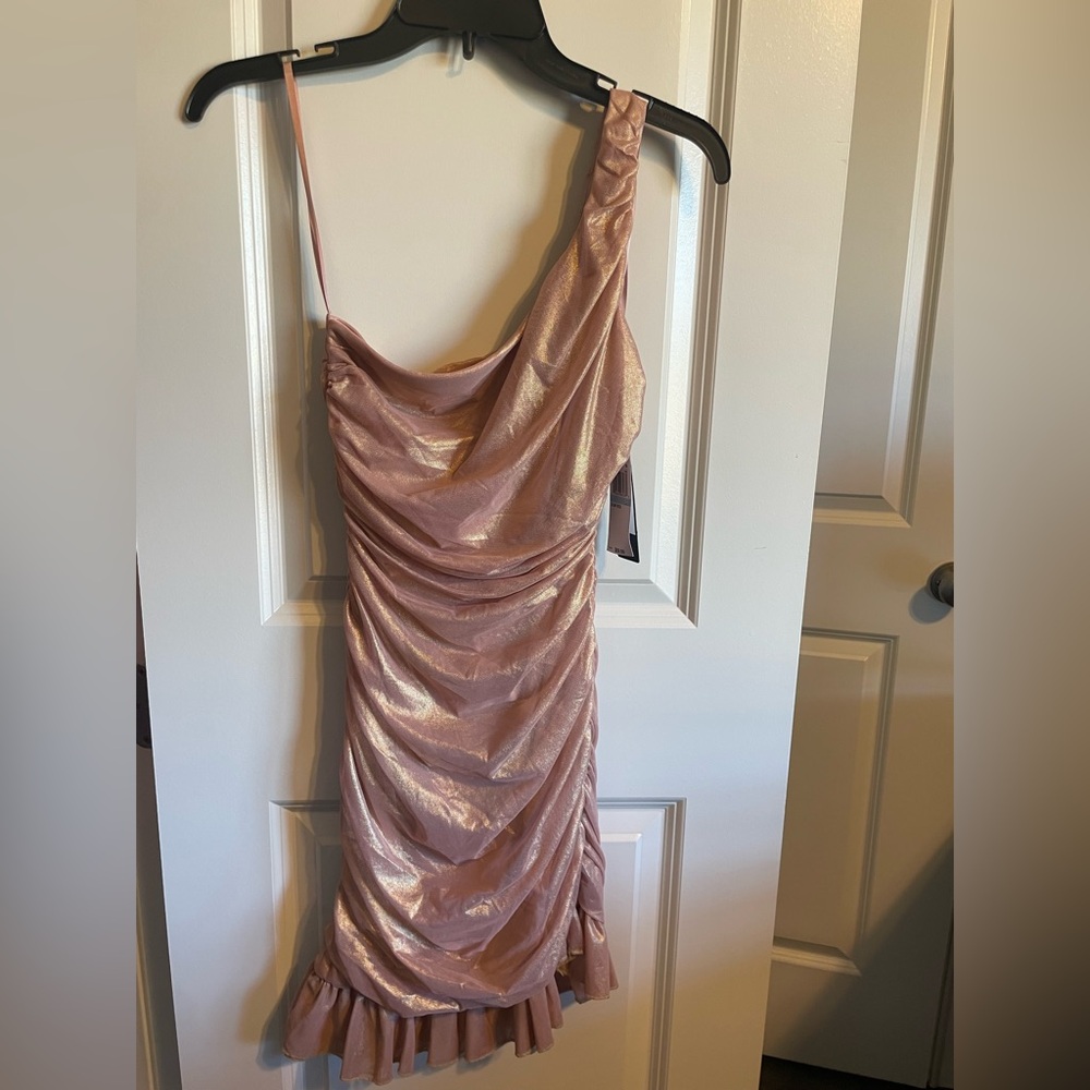 City Studio Pink Mini Bodycon Dress with Asymmetrical Neckline and Ruffled Skirt